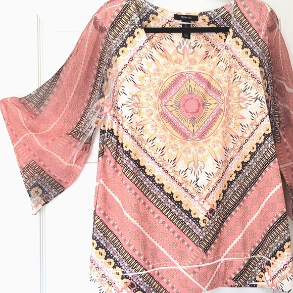 Style & Co Pink Gold Orange  Bohemian Print Scarf Blouse Large w/Flared Sleeves - Picture 2 of 6